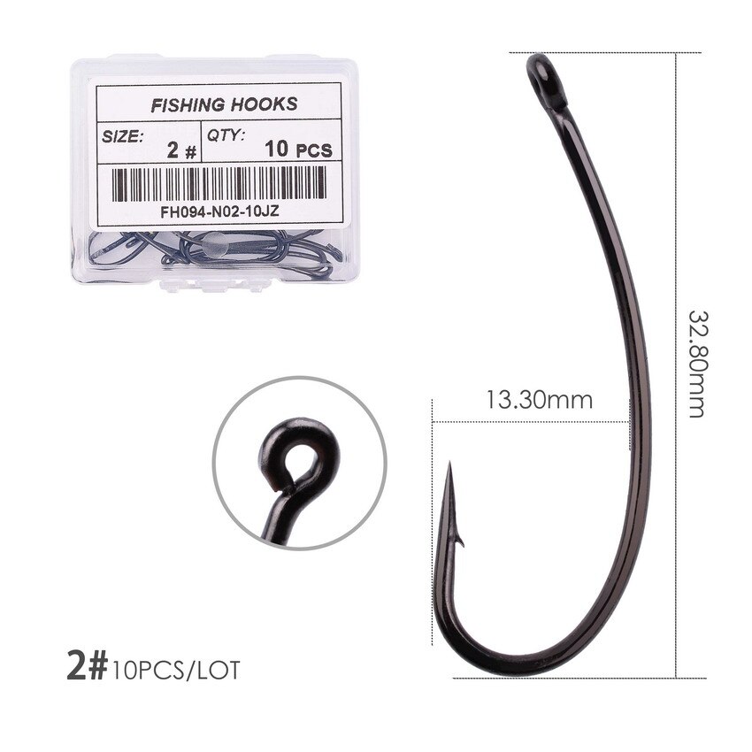 10pcs/ Box Long shank Telflon Coated Carp Fishing Hook Matt Black Fish Hooks Curved Shank Carp Fishing Rig Hooks: Size 2  10pcs