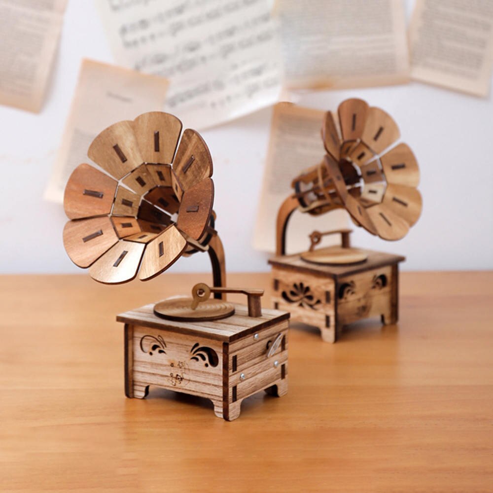 Cajas musicales gramófono DIY caja de música de madera artesanía retro de madera para de cumpleaños accesorios de decoración del hogar Vintage