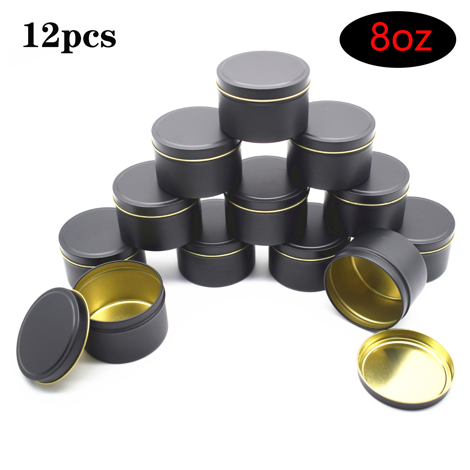 Latas redondas de Metal para velas, envases vacíos de lata de aluminio, 8oz, color negro y dorado, al por mayor, 12 Uds.: Negro