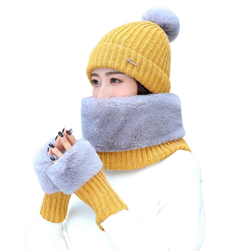 Dames winter 3 stuks pompom muts harige cirkel sjaal vingerloze handschoenen set  x7jb: Geel