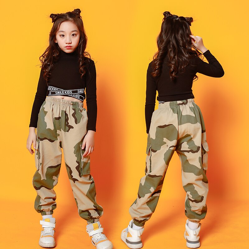 Kids Hip Hop outfits Black Swearshirt Camouflage Pants dancing clothing Girls carnival Jazz Dance Costume Clothes Stage Wear