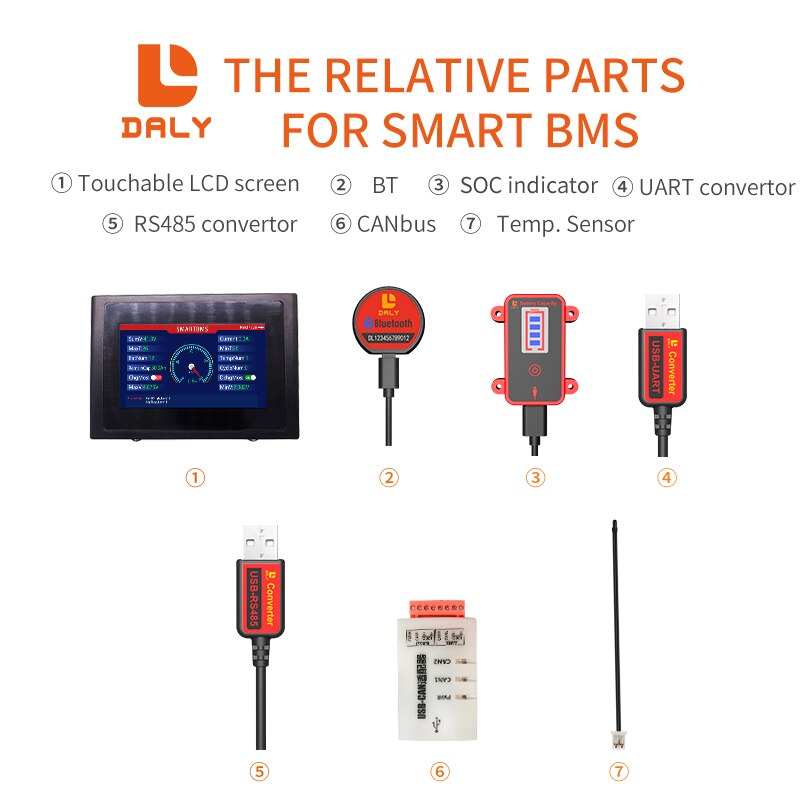 Daly BMS Accessories Bluetooth USB-UART USB-RS485 USB-CAN SOC Indicator Touch LCD Screen NTC Parallel Module For Daly Smart BMS