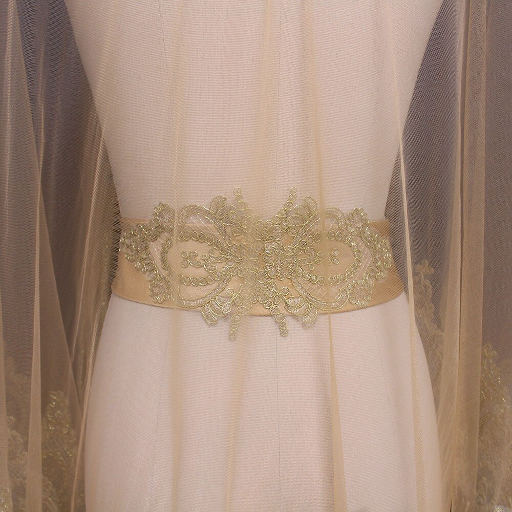 Duvak ve Kusak SchöNe Gold Spitze Tüll Hochzeit Schleier ohne Kamm Kurze Braut Schleier Hochzeit Zubehör