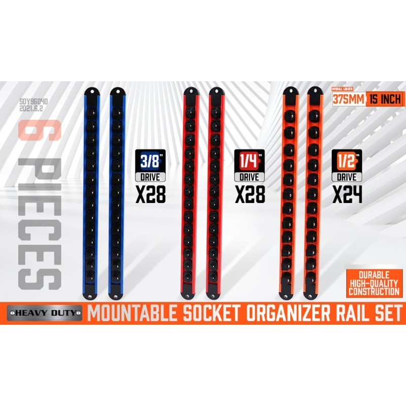 6 Pcs Mountable Socket Organizers Rail 1/2 3/8 1/4 Drive Socket Set Container Multi-tool 80 Holes ABS Garage Storage Tools Set