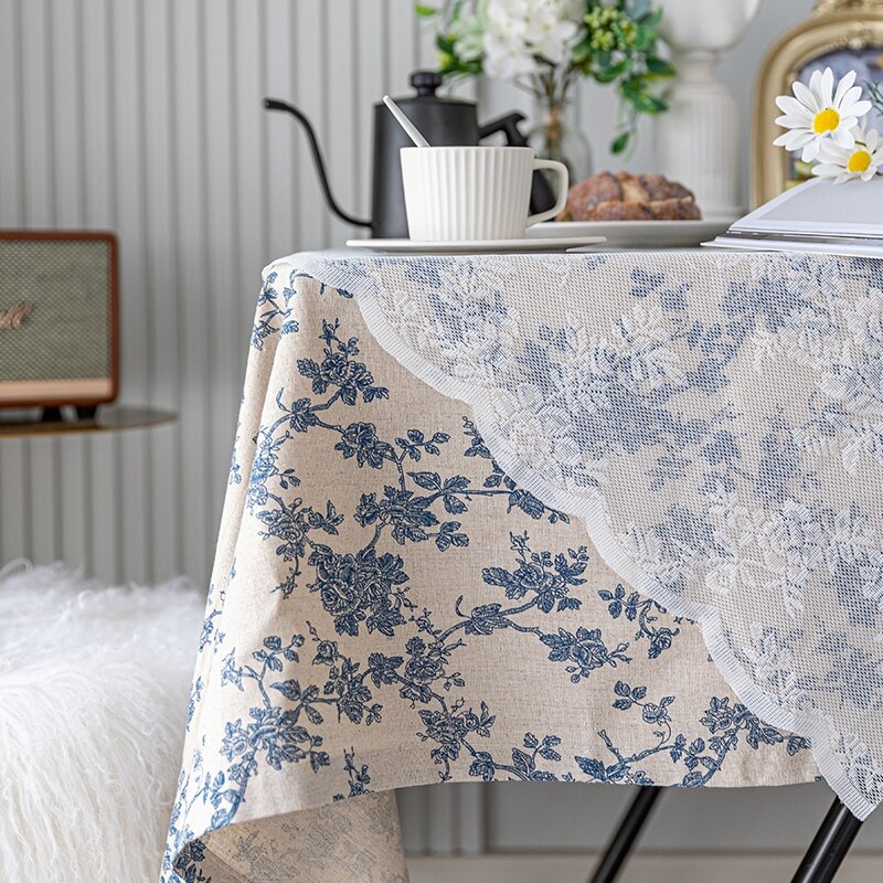 Ins Blue Rose Tablecloth Retro Flower Print Table Cover Picnic Cloth Home Decorations Living Room Bedroom Decor manteles de mesa