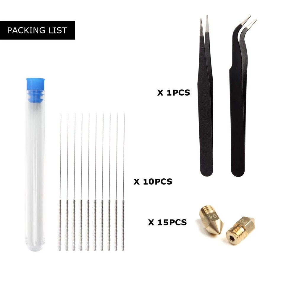 1 jeu 0.4MM MK8 buse 15 buses extrudeuse 10 aiguilles de nettoyage 2 pinces à épiler 1 boîte de rangement transparente pour Makerbot CR-10 M6 fil: Default Title