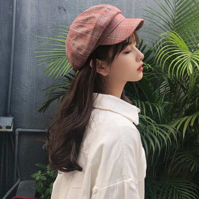 Foux-gorros de tela escocesa para mujer, boina octogonal de cuero con cuerda ajustable a rayas, estilo coreano, para verano,: Castaño