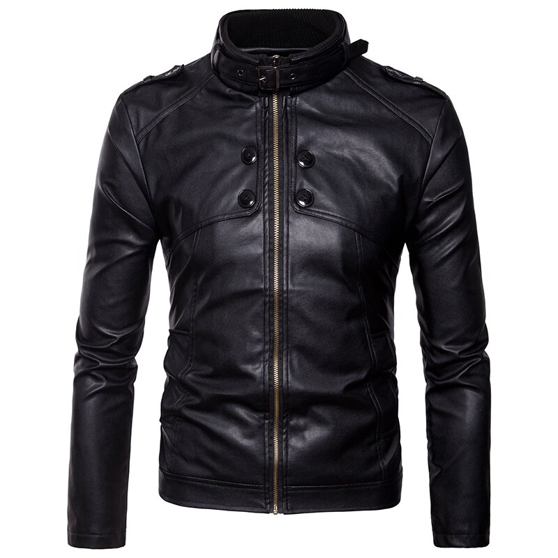 Men's leather blazer jacket body buttons business casual coat men's suit spring PU leather jacket: Black / L