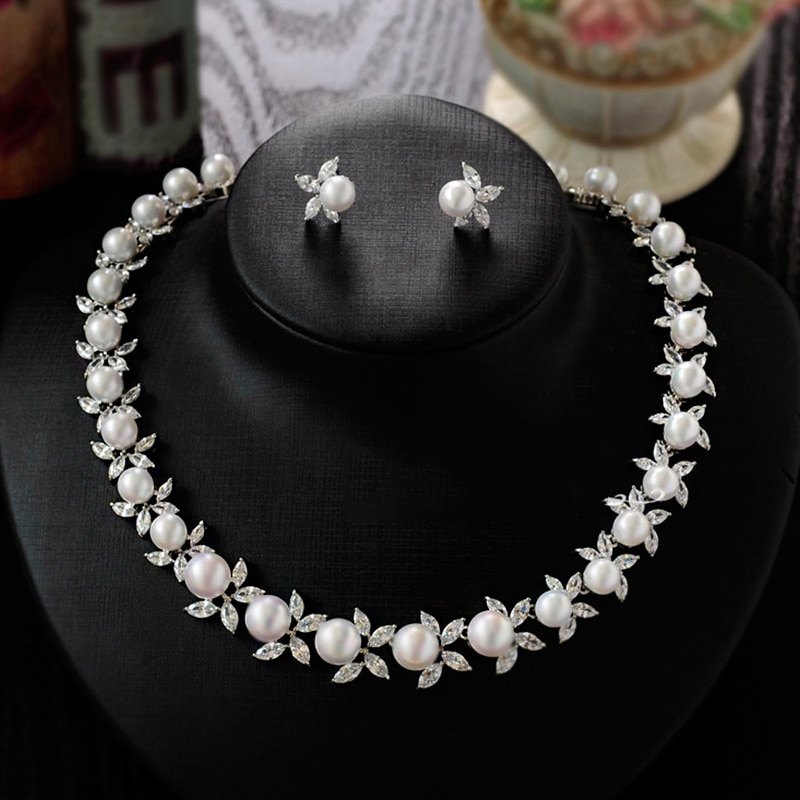 Conjunto de joyas de Color plateado con perlas de cristal y flores para mujer