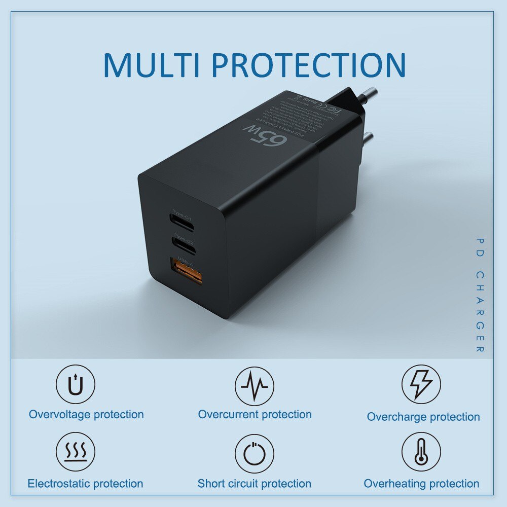 Gan 65w 3.0 pd qc3.0 -c schnellladeadapter für iphone 13, 12 pro max und macbook