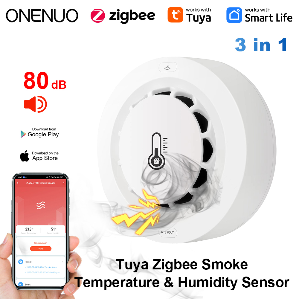 Tuya Zigbee BT détecteur de fumée à deux connexions dispositif de mesure de la température et de l'humidité 80dB alarme sonore fonction d'alerte à distance