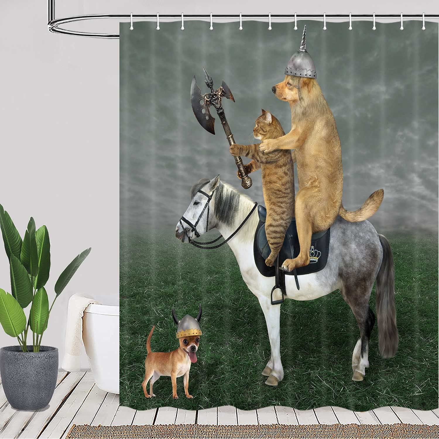 Tenda da doccia per bambini divertenti divertente animale domestico gatto Beige con cane equitazione tessuto da bagno tende da bagno con set di ganci
