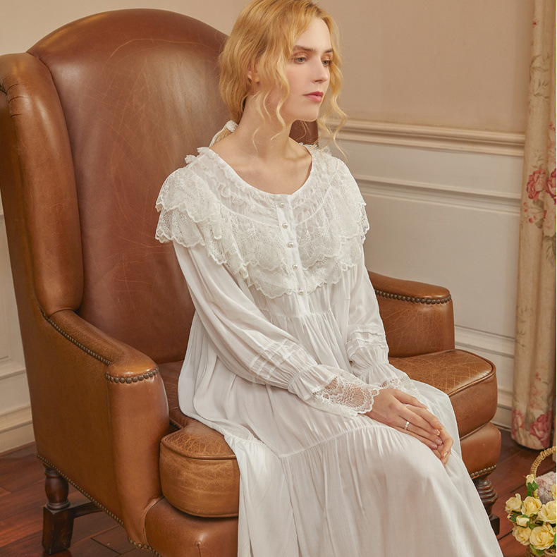 Victoriaanse Witte Nacht Jurk Vrouwen Lange Mouwen Romantische Vintage Nachtjapon Retro Prinses Nachtkleding Grote Maat Losse Peignoir Robe