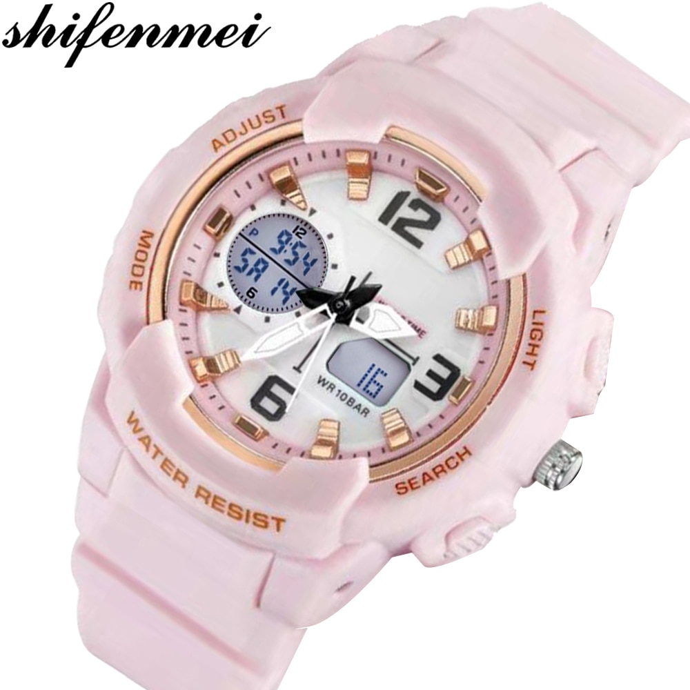 Shifenmei Vrouwen Horloge Sport Quartz Klok Vrouw Horloges Luxe Led Digitale Waterdichte Roze Horloge Zegarek Meski