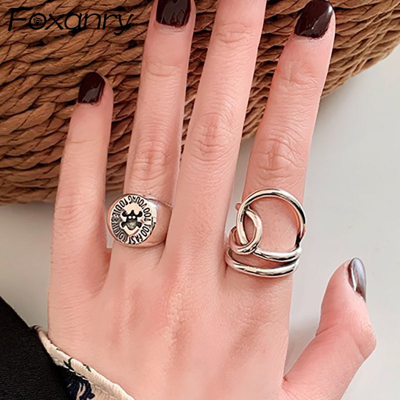 Foxanry 925 Sterling Silver Adjustable Rings for Women Couples Vintage Handmade Cross Geometric Birthday Party Jewelry