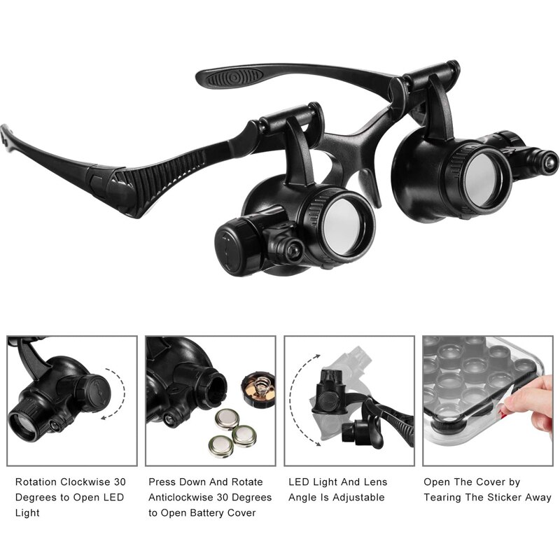 Headband LED Light Glasses Magnifier 2.5X 4X 6X 8X 10X 15X Dual Eye Loupe Lens for Watchmaker Jewelry Optical Lens Glass Magnifi