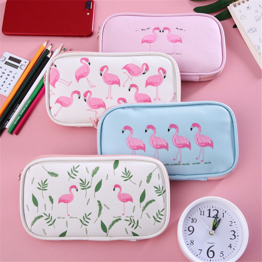 Tegneserie flamingo penalhus pu stor kapacitet lynlås blyantboks bærbar opbevaringspose kawaii papirvarer studerende pen taske