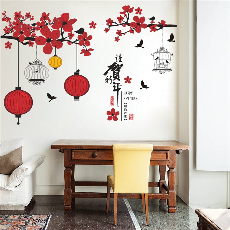 Chinese spring festival boom vogels lantaarn bloem muurstickers thuis deocr woonkamer raam jaar muurstickers pvc muurschildering art