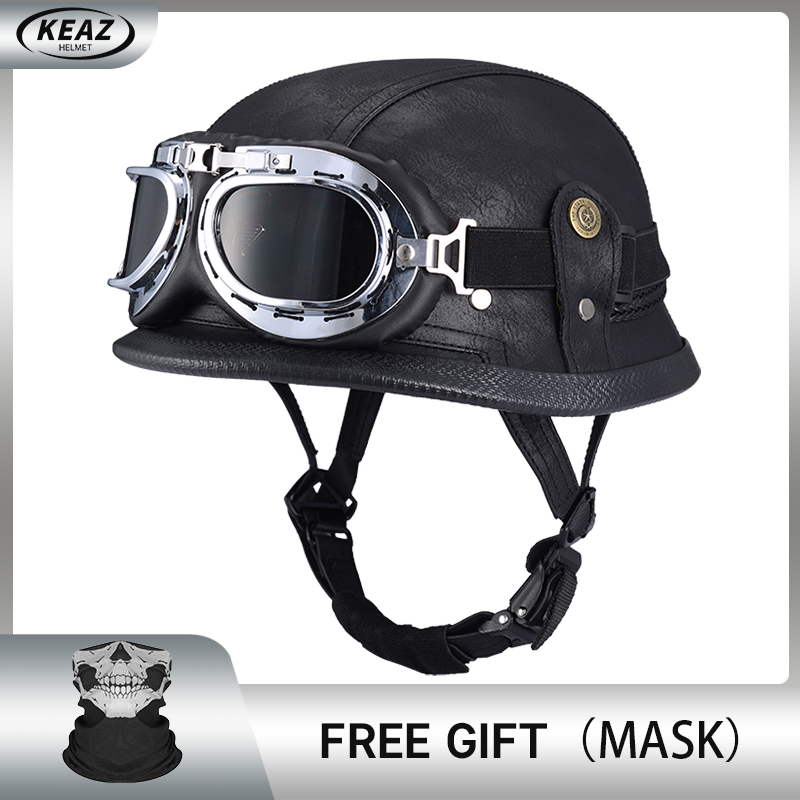 Casque demi-visage en cuir de Style allemand pour moto, prix d'usine, Cap1/2 approuvé par le DOT, casques + lunettes à visage ouvert