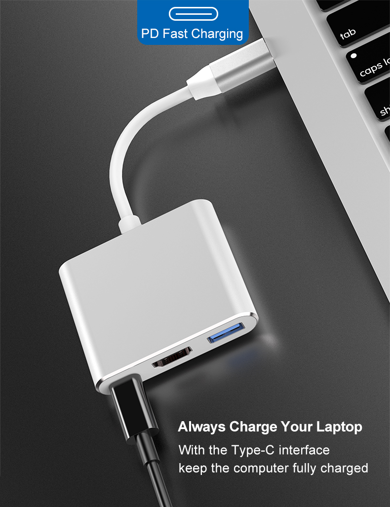 3 In 1 Adapter Usb 3.1 Type C Naar Hdmi + Usb 3.0 + Type C Hub