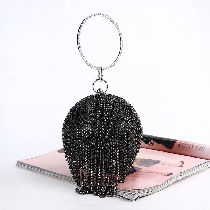 DICIHAYA Quaste Strass Frauen Abend Taschen Kette Umhängetasche Dame Perle Handtaschen Diamanten Runde Hochzeit Party Kupplung Taschen: 222-2 Schwarz