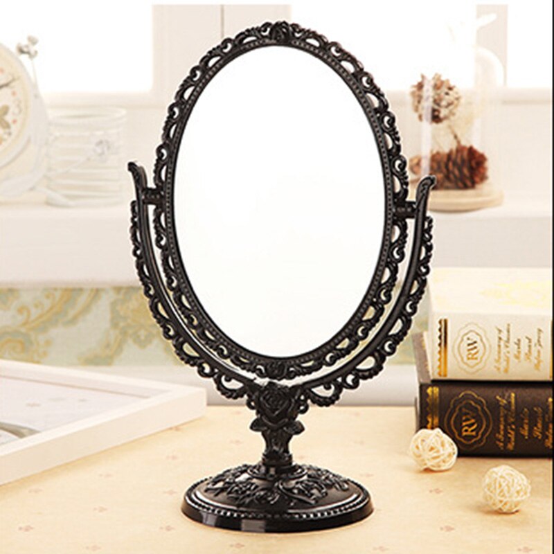 Espejo redondo de pie para dormitorio, espejo decorativo de plástico plateado, estilo nórdico Vintage, pequeño para maquillaje, para sala de mesa: Retro black