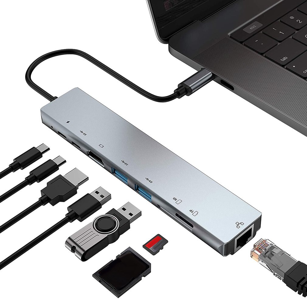 Expansion dock Eight-in-one Plug and play Aluminum alloy Fast heat dissipation Type C to HDMI RJ45 USB3.0 TF PD hub