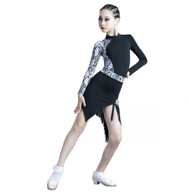 1set/lot Girls Dance Costumes Dancer Dress Latin Cha Cha Tassel Skirt Long Sleeve Leopard Print Patchwork Top dancing costumes: 1 / 130cm
