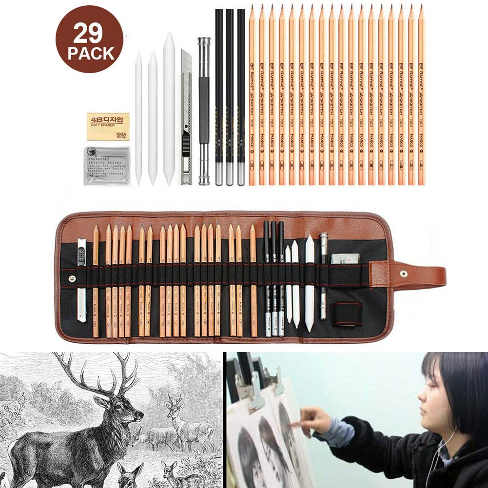 29Pcs/set Drawing Sketching Pencils Set Full Sketch Kit with Graphite Pencils Paper Brush Pen Mark Charcoal Pencil Extender DU55: Default Title