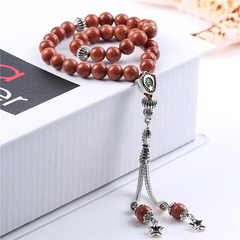 LOSHEREN Natural Gold Sand Stone Tesbih Islamic Prayer Beads Tasbih Muslim Rosary Misbaha Tasbeeh Sibha For Ramadan