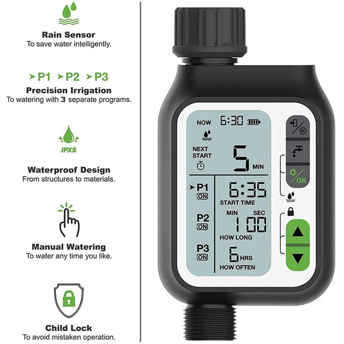Temporizador de riego automático por goteo para jardín, sistema de controlador de riego Digital electrónico, Sensor de lluvia, bloqueo infantil separado