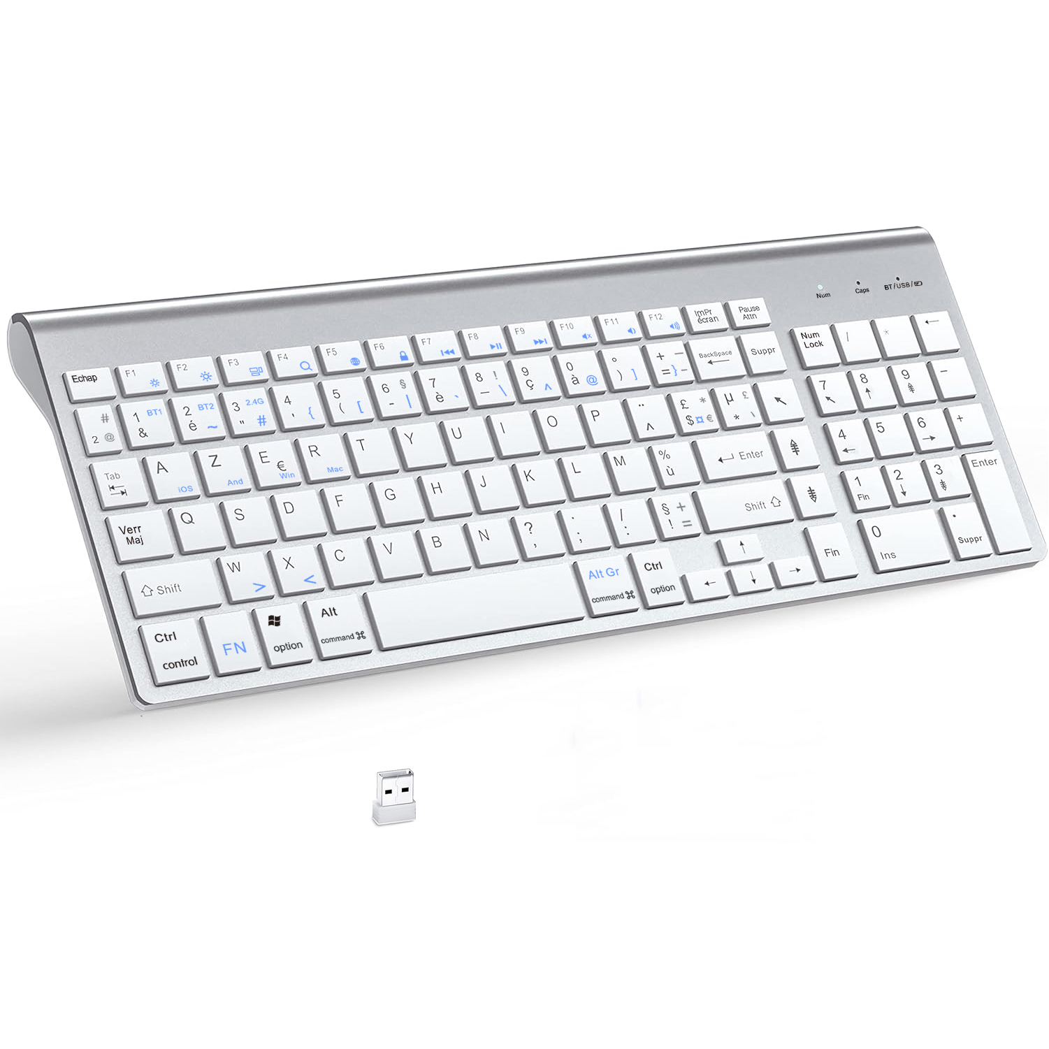 French Wireless AZERTY Layout Keyboard Ultra Slim Dual Mode Three Channel Bluetooth Keyboard for PC Windows IOS Mac Android: Silver