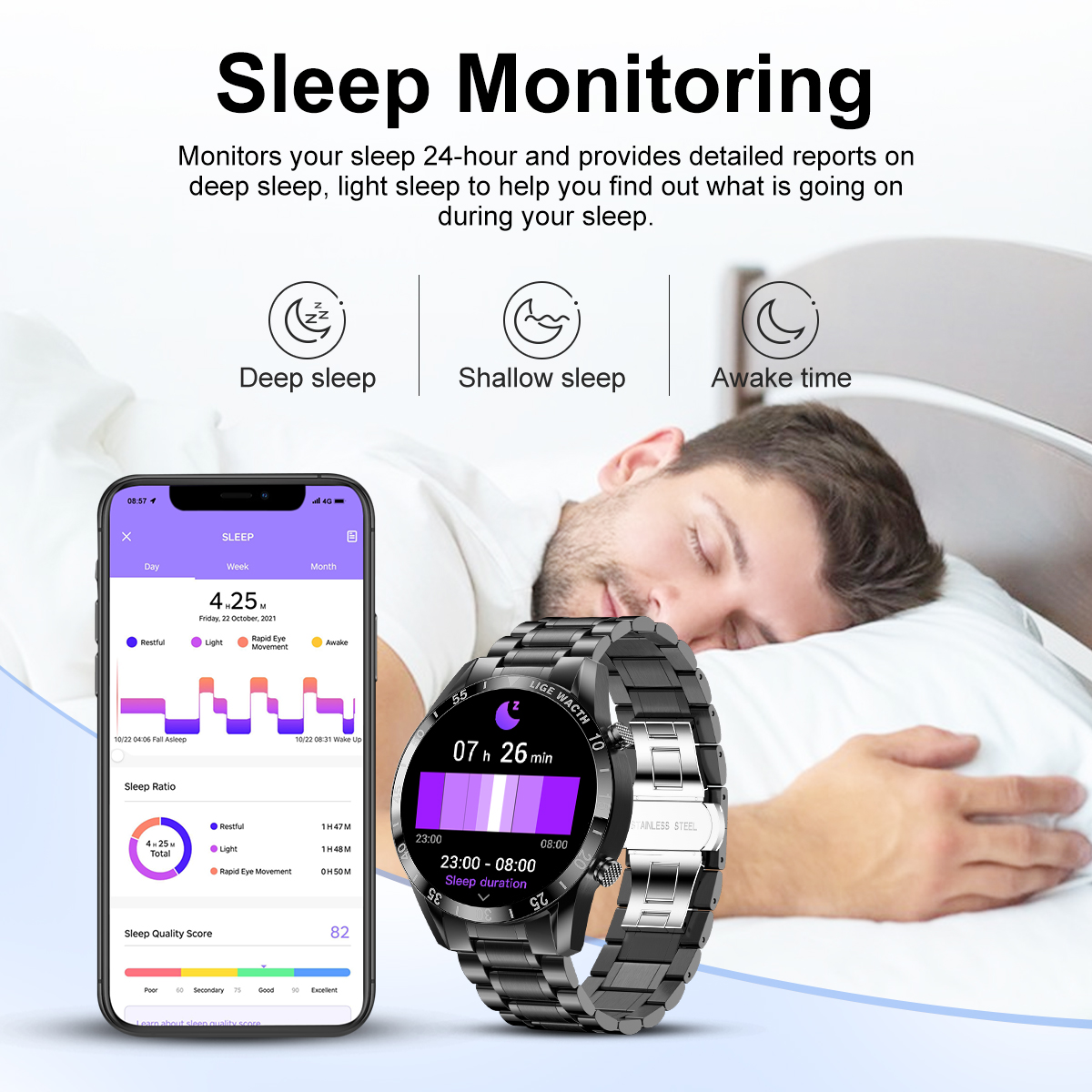 LIGE-Bluetooth Chamada Relógio Inteligente para Homens, 1.39 ", 360x360 Tela HD, Negócios, Rastreador De Esportes, Freqüência Cardíaca, Monitor De Saúde