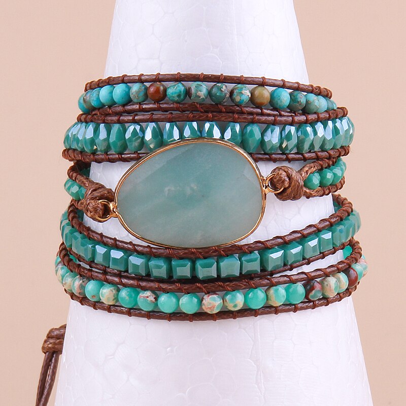 RH Boho Armbander Blue Glass &amp; Natural Amazonite Stones Charm 5X Woven Wrap Bracelets