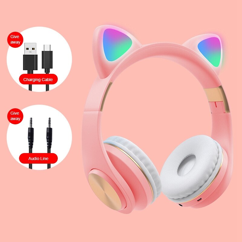 Bluetooth Headphones, Cat Ear LED Light Up Wireless Foldable Headphones over Ear for Smartphones/Laptop/PC/TV