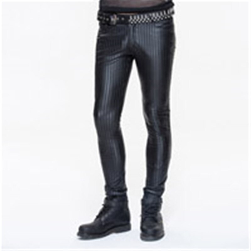 Steampunk Men Casual Leather Pants Mid Waist Black Striped Trousers Retro Casual Slim Fit Pants: L