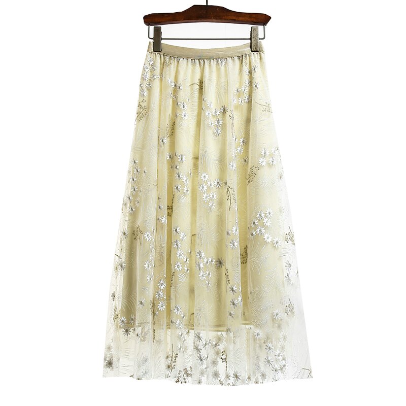 Falda de tul de gasa bordada para mujer, falda de malla plisada de cintura alta, con estampado Floral blanco coreano, 2022: Albaricoque