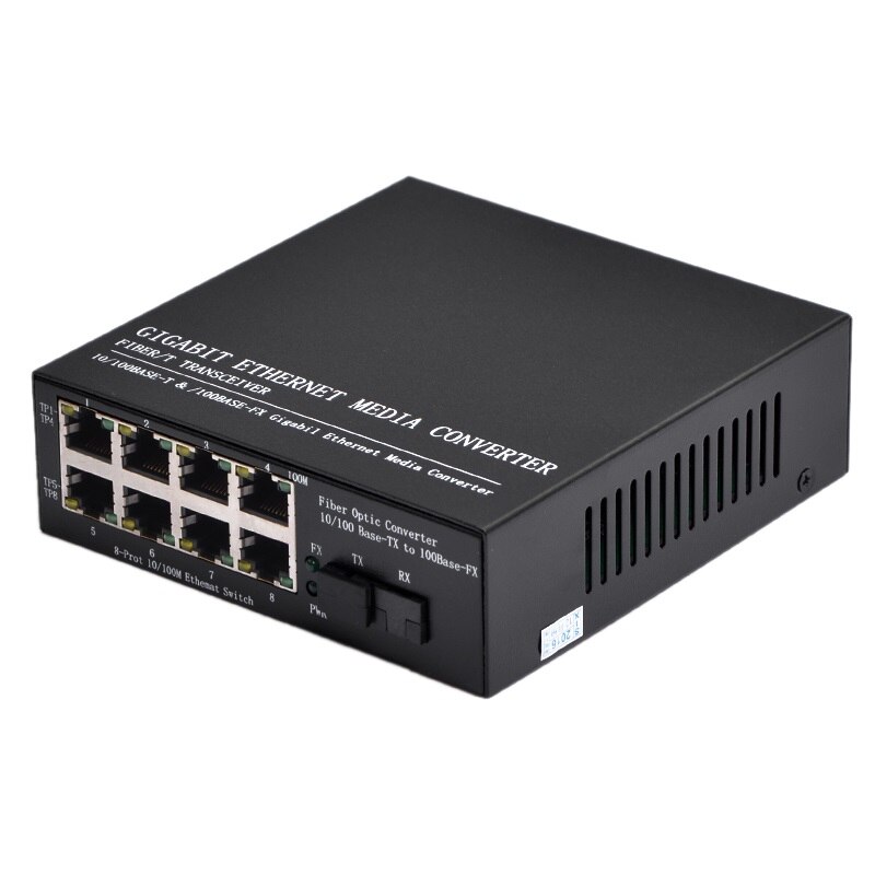 1 pair 100M 1 Fiber port Optical Media Converter Single Mode 25KM 8 RJ45 Ports Fibre Optical Transceiver