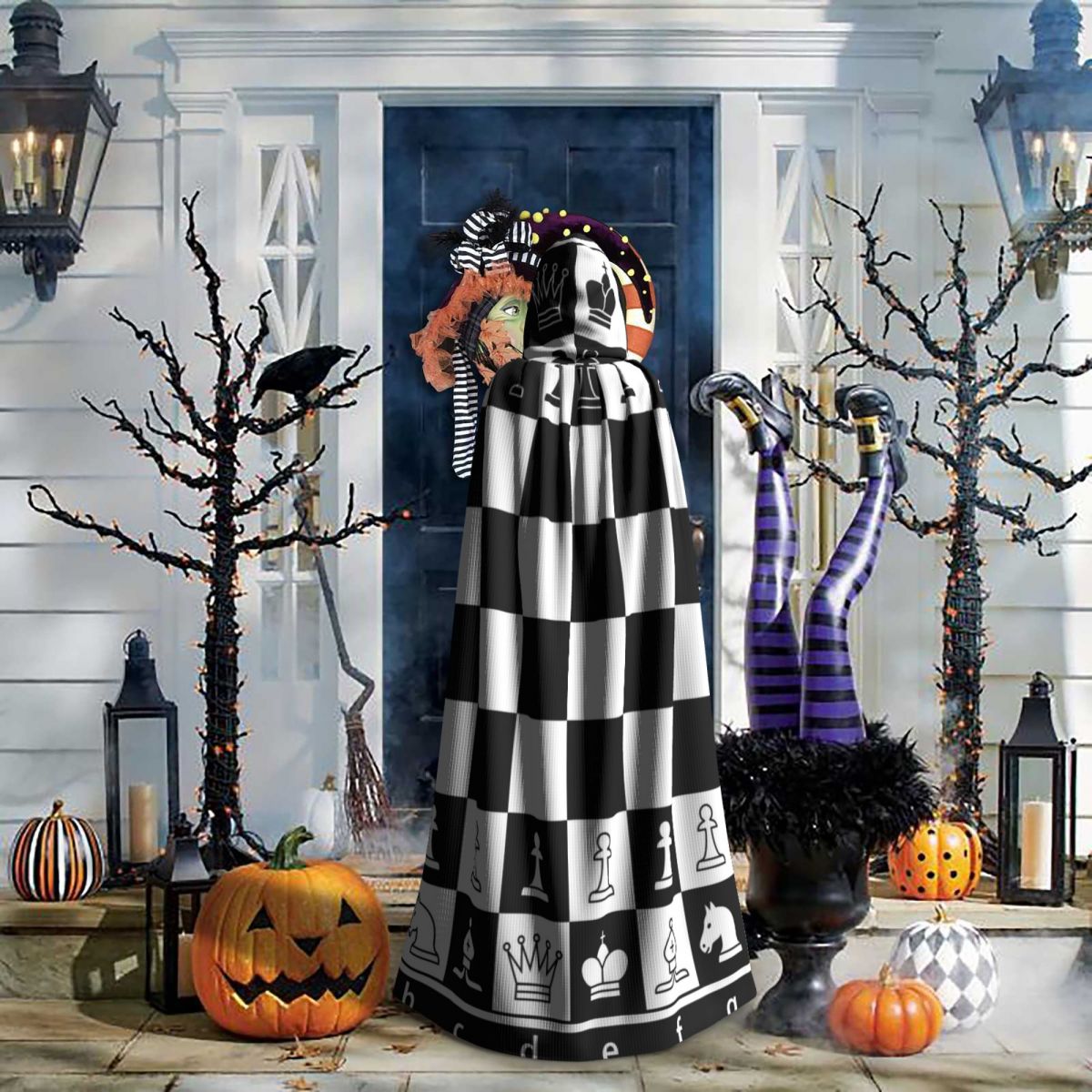 Erwachsener Umhang mit Kapuze, schwarz-weißes Schachbrett, mittelalterliches Kostüm, Hexe, Wicca, Vampir, Elfe, Purim, Karneval, Party