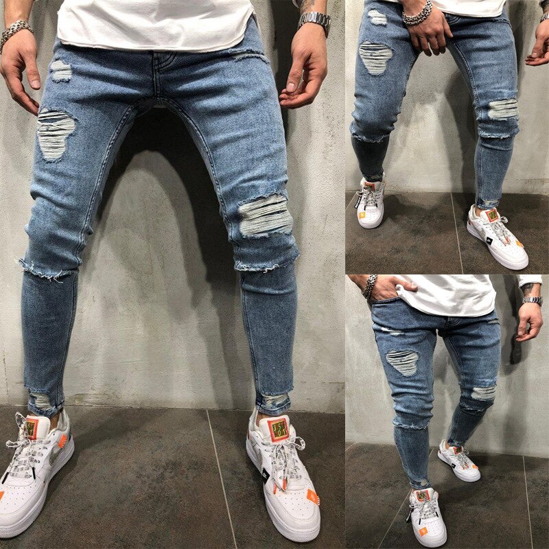 Light Blue Pencil Pants Jean Men Destroyed Streetwear Denim Trousers Skinny Ripped Hole Jeans Male Plus Size 3XL Europe Style