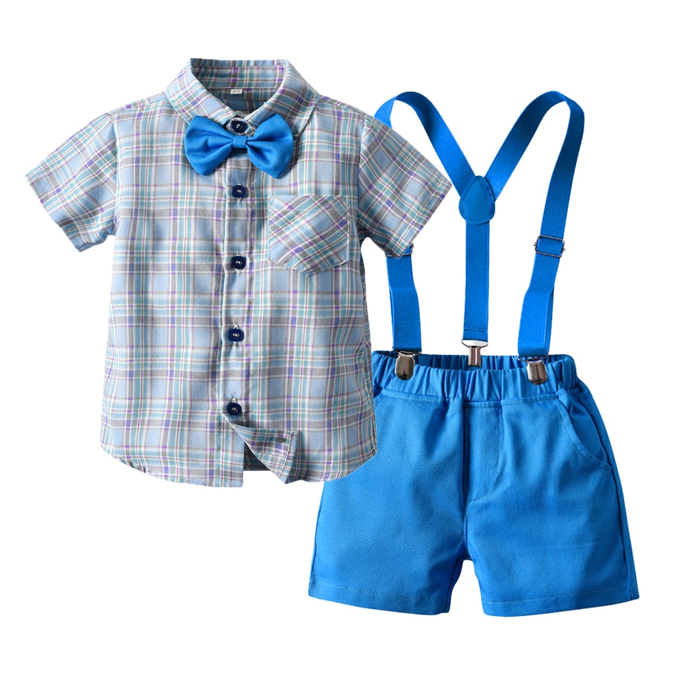 Top en top kinderkledingset jongens katoenen geruite top + jarretels korte broek kleding pak kinderfeestkleding kostuums bebes