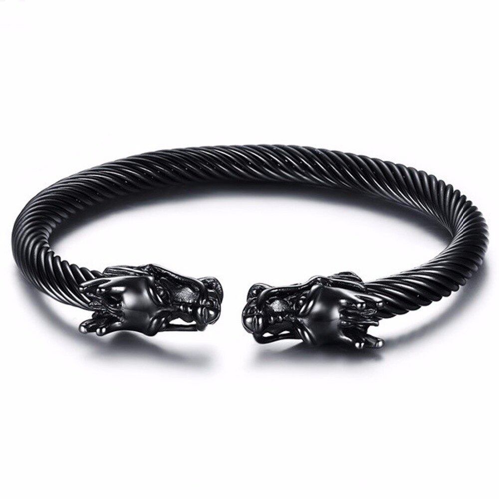 Bracelet manchette noir à deux têtes de Dragon Bracelet pour hommes garçons en acier inoxydable 316L fil entrelacé Viking Vintage bijoux masculins