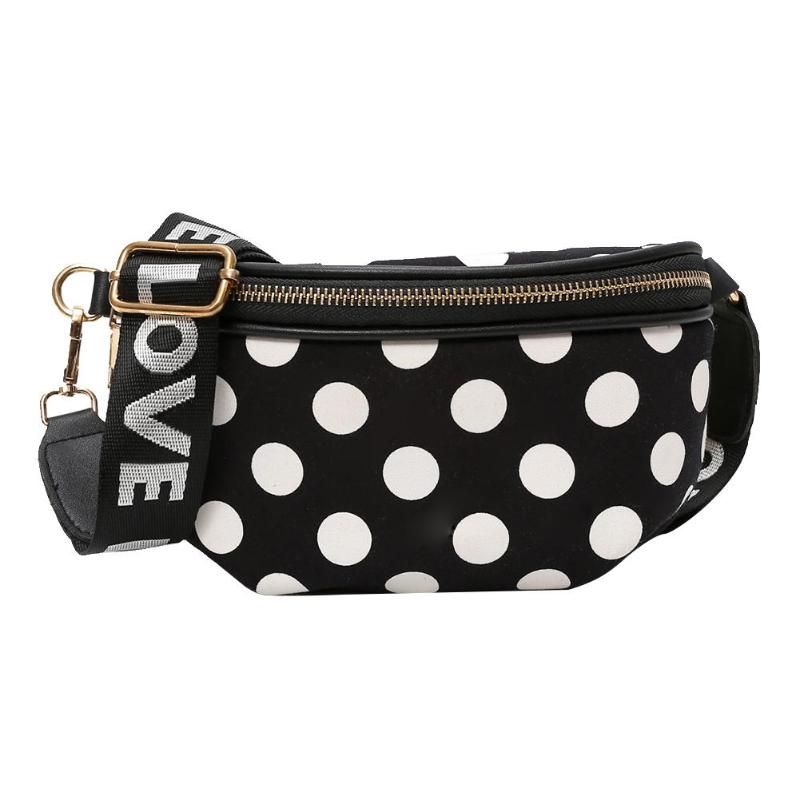 Vrouwen Casual Nylon Schoudertas Taille Zakken Vrouwelijke Stijlvolle Dots Crossbody Riem Borst Taille Verpakking Meisjes Eenvoudige Mini Rits Taille Packs: Black