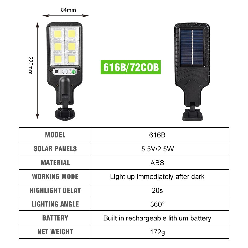 LED Solar Street Wall Light Waterproof PIR Motion Sensor Dimmable Lamp COB Outdoor Garden Industrial Square Highway Road Lamp: 616B