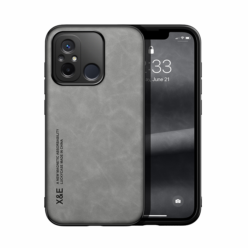 Étui magnétique en cuir d'origine de luxe pour Xiaomi Redmi 12C, housse avec plaque métallique pour Redmi 12C, coque arrière antichoc: aluminium / GRIS