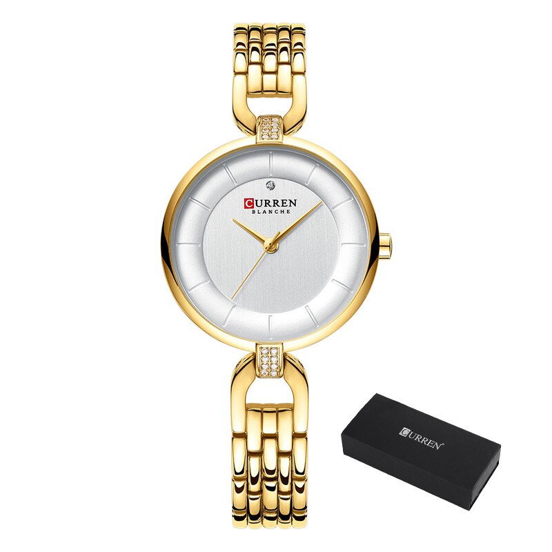 Curren zwarte dameshorloge met armband, luxe quartz analoog roestvrij staal, waterdichte dameshorloges: Goud met doosje