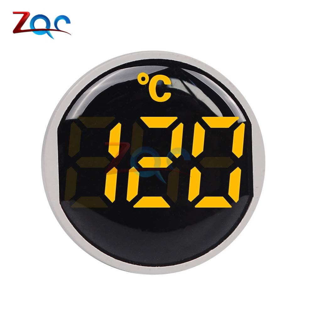22mm runde lille mini led lys display termometer digital temperaturmåler indikator  ac 50-380v 220v -20-120 'c med 1m sensor: Gul