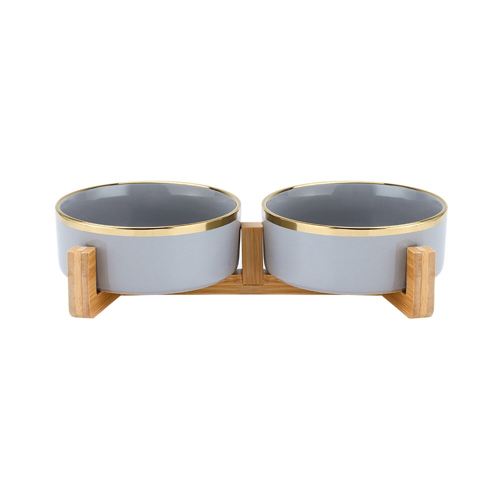 Bol pour chat surélevé en céramique avec support en bois, nourriture pour animaux domestiques, distributeur d'eau pour chats et chiens: Grey Gold-2 / S