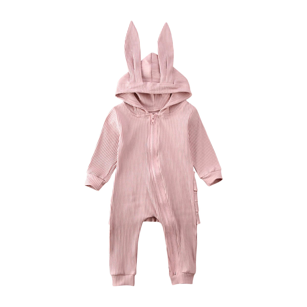 Schattige Kinderen Baby Meisje Jongen Lange Mouw Gebreide Ruches Romper Spirng Effen 3D Oren Capuchon Rits Jumpsuit Overall kleding: Roze / 24M