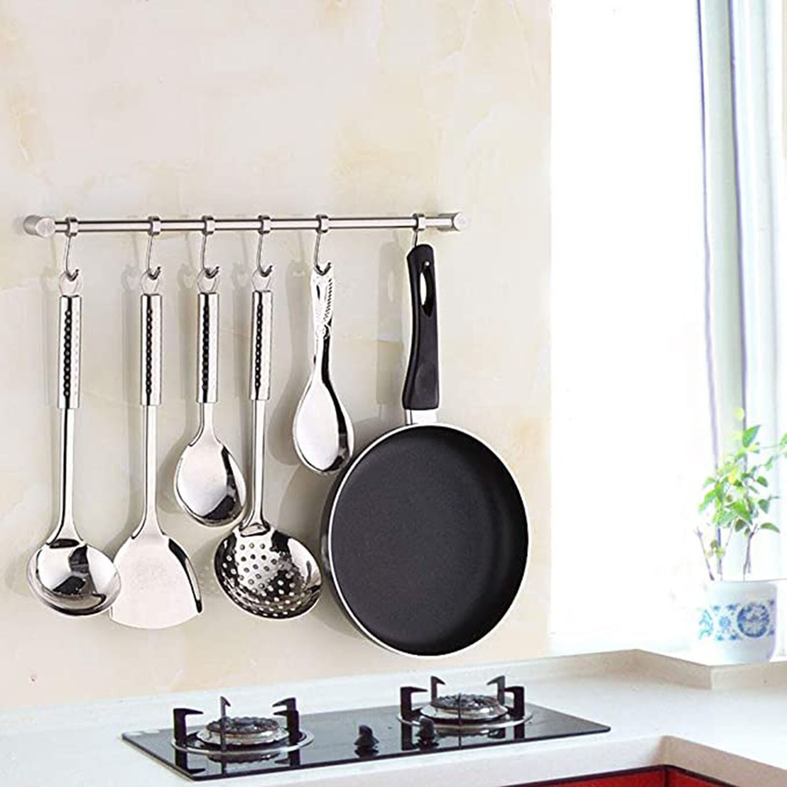 Removable Stainless Steel Rack kitchen Tools kitchen ladle rack with 7 hook furniture wall rail hanging hook Kitchen Accessories